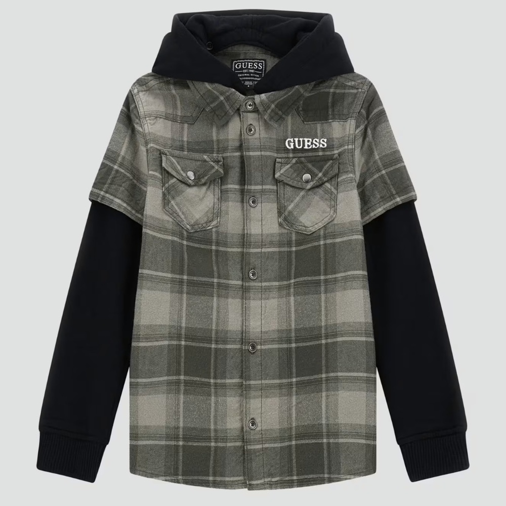 Guess layered plaid shirt w/ flannel & black hoodie size 12 NWT